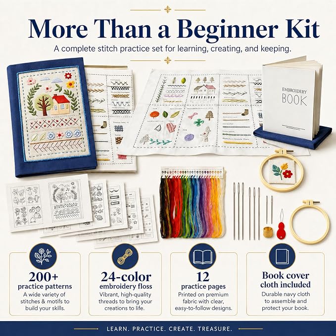 Zhenqing Embroidery Stitch Kit for Beginners, Stitch Practice Sampler Book with 200+ Patterns, Pre-Printed Fabric, Hoop, Threads, Needles & English Guide, DIY Needlework Learning Set