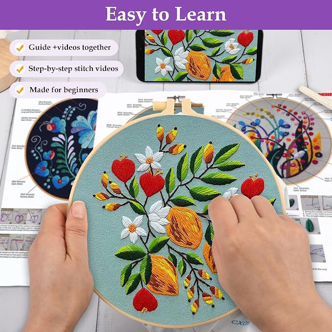 Uniartfy 3 Pack Embroidery Starter Kit for Beginners, Stamped Cross Stitch Kits for Adults with Flowers Plants and Fruits Patterns with 1 Embroidery Hoop and Color Threads, Handmade Needlepoint Kits