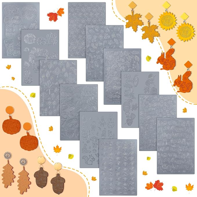 DoubleFill 12 Pcs Fall Polymer Clay Texture Sheets Set, Maple Leaves, Pumpkin Miniature Clay Molds Pine Cone Pattern Silicone Polymer Clay Molds for Fall Autumn Thanksgiving Jewelry Earrings Making
