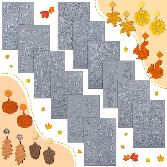 DoubleFill 12 Pcs Fall Polymer Clay Texture Sheets Set, Maple Leaves, Pumpkin Miniature Clay Molds Pine Cone Pattern Silicone Polymer Clay Molds for Fall Autumn Thanksgiving Jewelry Earrings Making