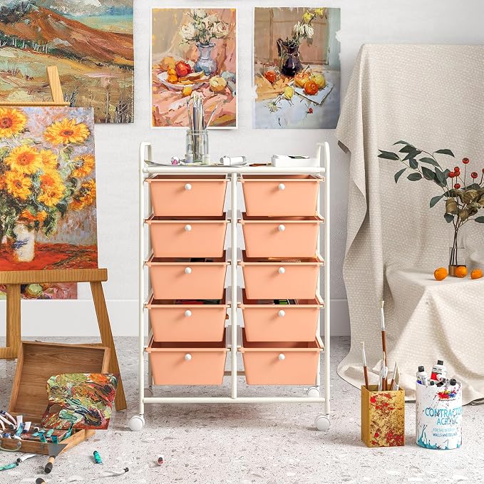 LDAILY 10 Drawer Rolling Cart, Storage Cart Organizer on Wheels, Drawer Cart with Metal Frame & Large Storage Capacity, Rolling Cart with Drawers for Living Room Classroom, Office