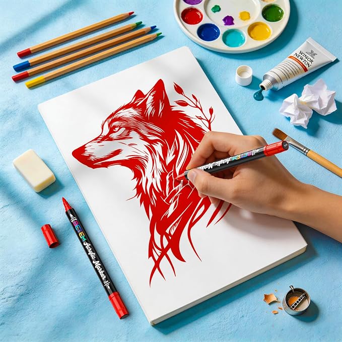 Betem 2 Red Paint Markers for Glass, Dual Tip Acrylic Paint Pens | Window, Fabric, Wood, Rock, Canvas, Acrylic Markers with Fine & Brush Tip, Art & Craft Supplies, Wine Glass Markers