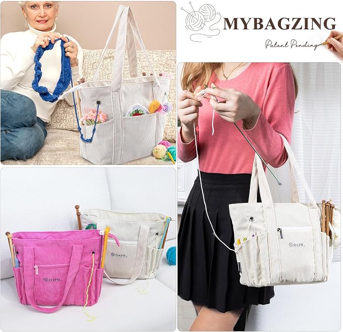 MYBAGZING Crochet Bag and Tote - Corduroy Yarn Bag - Yarn Holder and Storage for Crochet Hooks, Knitting Accessories - Mother's Day Gift