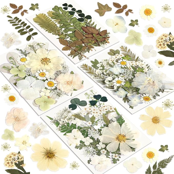 Dried Flowers, Resiners 100Pcs Pressed Flowers for Craft | White Real Natural Dried Flowers Dry Leaves Kit for DIY Making Craft Resin Soap Candle Scrapbook Supplies Card Making Jewelry