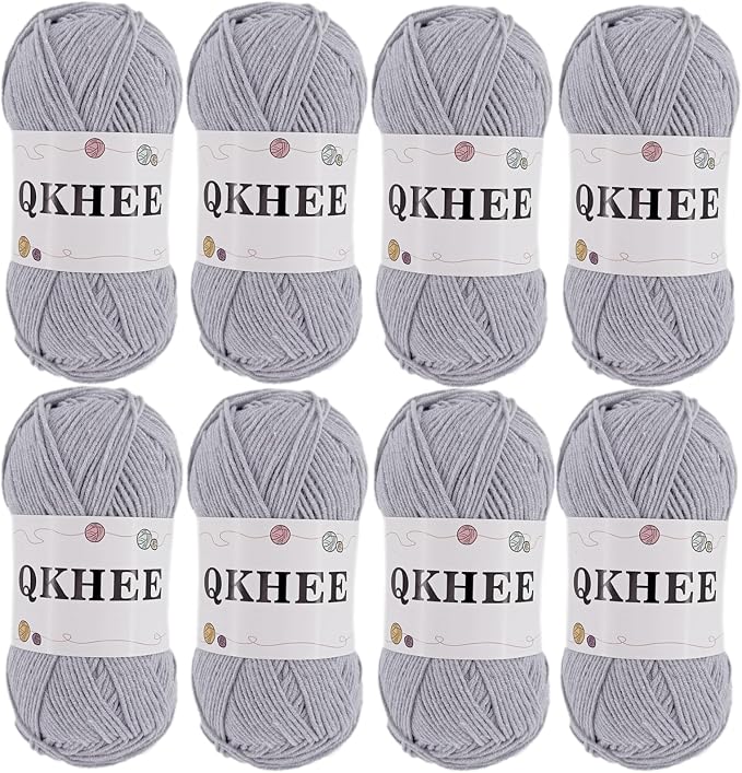 QKHEEYarn for Crocheting and Knitting 8 * 1.76 Oz (50G) /195yd, Fine/Fingering Weight (1), 60% Cotton 40% Acrylic Soft Yarn kit for Making Granny Squares and amigurumi (Light Gray)