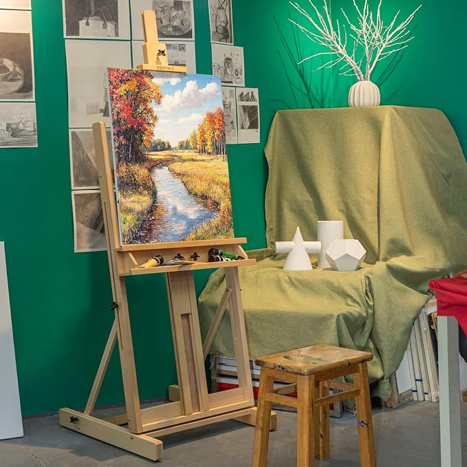 Beechwood H-Frame Artist Studio Easel with Storage Drawer, Natural