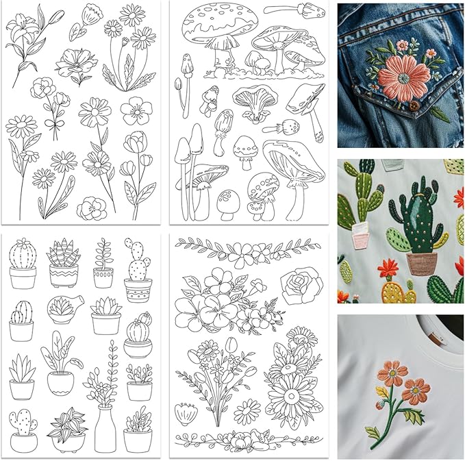 ORIGACH 4 Sheets Large Water Soluble Embroidery Patterns Stabilizers - Pre-Printed Floral, Plants, Mushroom & Bonsai Designs - Stick & Stitch Embroidery Paper for Hand Sewing Lovers