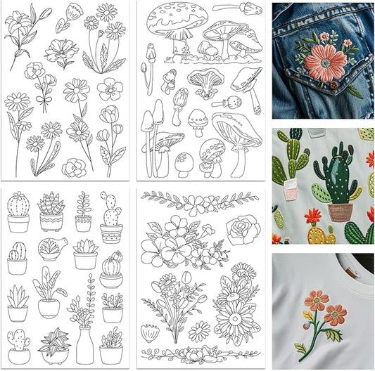 ORIGACH 4 Sheets Large Water Soluble Embroidery Patterns Stabilizers - Pre-Printed Floral, Plants, Mushroom & Bonsai Designs - Stick & Stitch Embroidery Paper for Hand Sewing Lovers