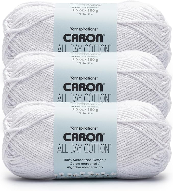 Caron All Day Cotton Yarn for Crocheting, White Shirt, 3-Pack | #4 Worsted Yarn, 100% Mercerized Cotton, Soft Crochet Yarn for Knitting, Amigurumi & Crafts, 173yds, 100g/3.5oz per skein