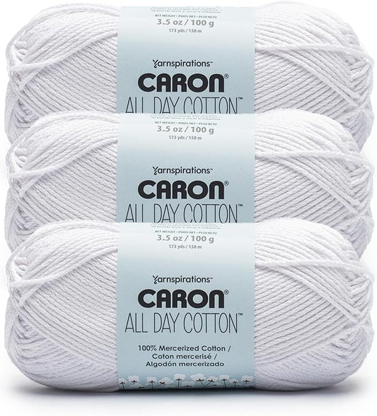 Caron All Day Cotton Yarn for Crocheting, White Shirt, 3-Pack | #4 Worsted Yarn, 100% Mercerized Cotton, Soft Crochet Yarn for Knitting, Amigurumi & Crafts, 173yds, 100g/3.5oz per skein