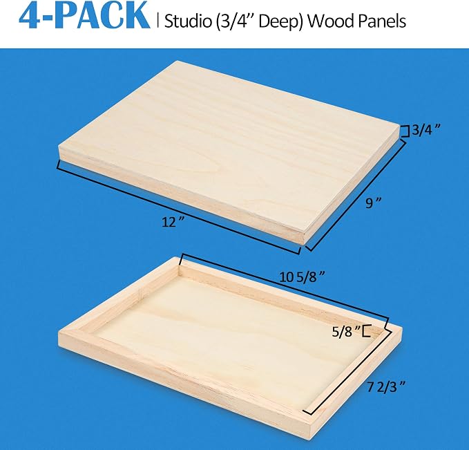 Falling in Art 4 Pack 9x12’’ Unfinished Birch Wood Panels Kit for Painting | Studio 3/4’’ Deep Wooden Canvas, Cradle Boards for Acrylic Pouring, Art, Crafts, Epoxy Resin, Laser Engraving Cutting