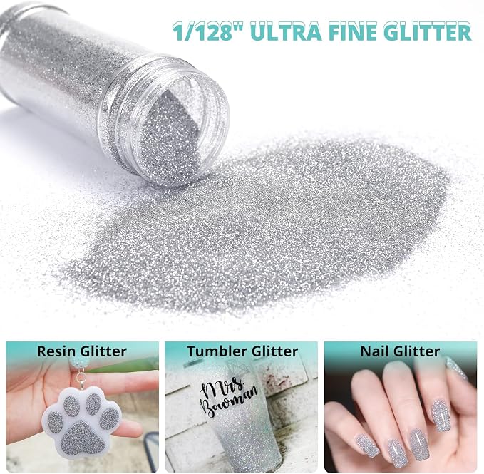 HTVRONT Silver Glitter for Crafts and Arts- 1.7oz/50g Fine Glitter Flakes | Craft Glitter for Resin, Jewelry, Keychains, Candle Making, Paint, Slime Add Ins, Cosmetic Glitter for Nail Face