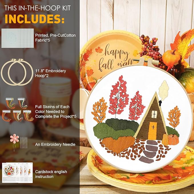 5 Sets Thanksgiving Fall Embroidery Kit for Beginners Adults Embroidery Starter Kit Mushroom Maple Leaf Cross Stitch Kits Embroiderys Needlepoint Kits Include Instruction 2 Hoops Color Threads Needles