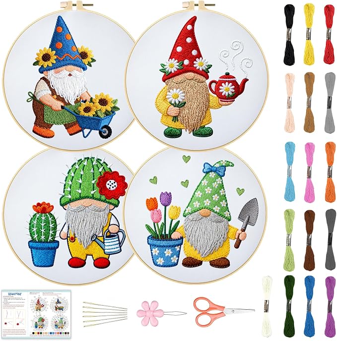BEUNITONE 4 Set Gardener Gnome Embroidery Kit for Adult Beginners with Hoop | Needlepoint Craft Kits Complete DIY Handmade Cross Stitch Set with Pre-Printed Designs for Home Decor and Gifts 20x20cm