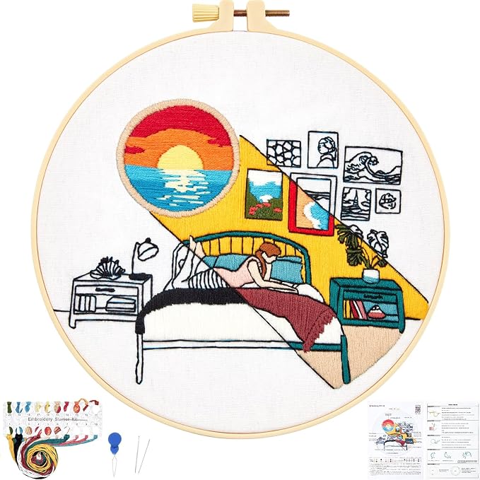 Embroidery Kits for Beginners Adults Sunrise Hand Embroidery Starter Kits, Cross Stitch Kits for Beginners DIY Craft Kits for Adults Women, Entire Set of Embroidery Supplies Full-length Video Tutorial