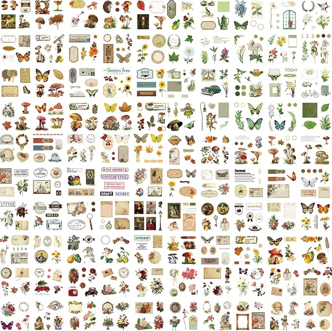 510PCS Plants Floral Scrapbook Stickers Kit Vintage Flowers Butterfly Mushroom Fall Maple Leaves Transparent Waterproof Stickers Set for Scrapbooking Supplies Aesthetic Junk JournalCraft