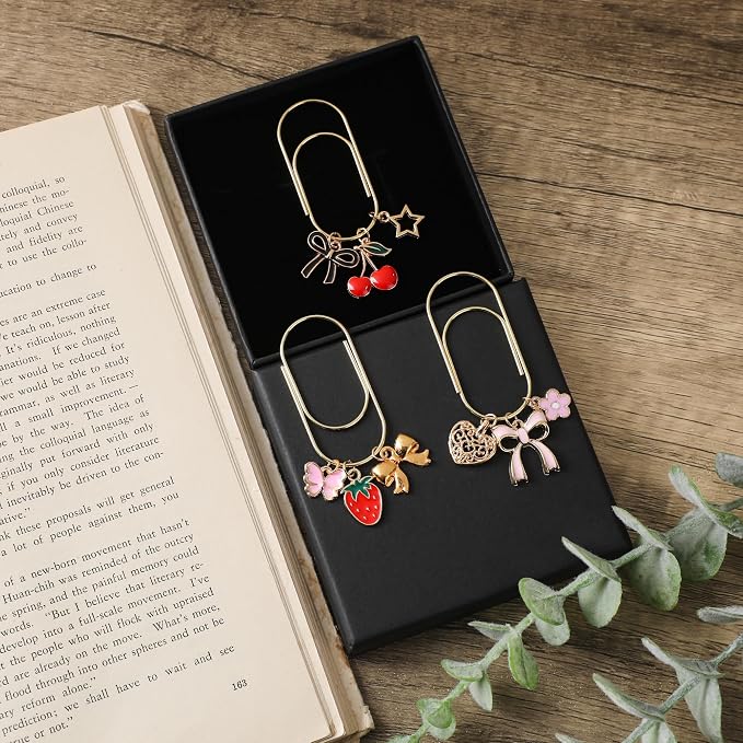 Cute Metal Bookmark Gifts - 3 PCs Charm Cherry Strawberry Bow Paperclip Book Mark Unique Large Aesthetic Page Marker Planner Paper Clip Reading Lover Women Kids Bookish School Accessories