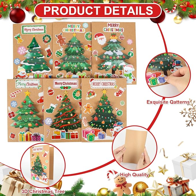 COCHIE 24 Sets Christmas Card Making Kits 3D Christmas Tree Card Making Craft Kits for Kids Holiday Greeting Cards Bulk for Home Classroom Activities