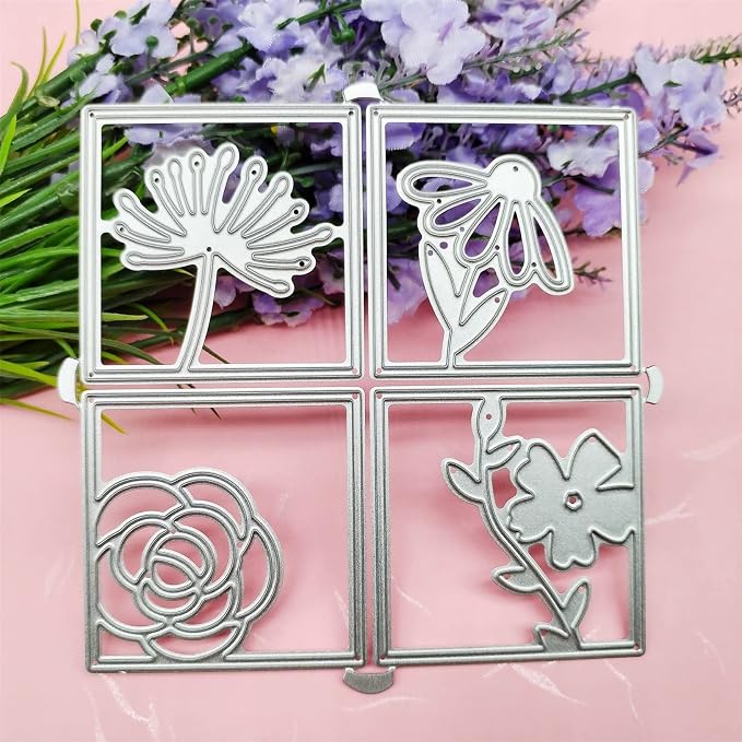 Scrapbooking Die-Cuts, Strips Frame Metal Cutting Dies for Card Making, Paper Craft Punch Template, Background Embossing Stencils, DIY Album Décor (Square Flowers)