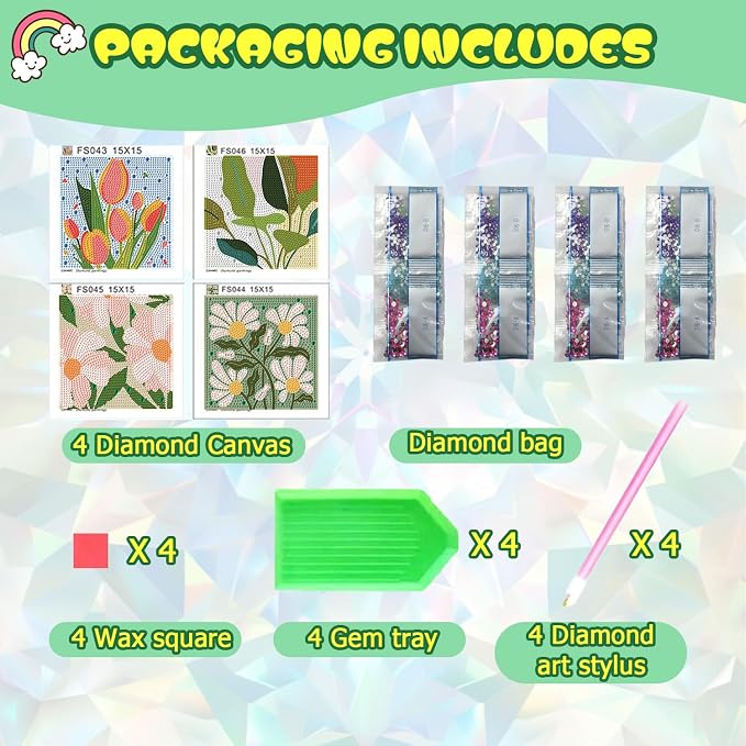 ICYANART 4 Pack Flowers Diamond Art Painting Kits for Kids Simple 6x6Inch | Flowers Diamond Art Kits for Kids Ages 4-8-12, Small Diamond Art Kits for Kids, Arts and Crafts for Kids Ages 8-12 (no Frame)