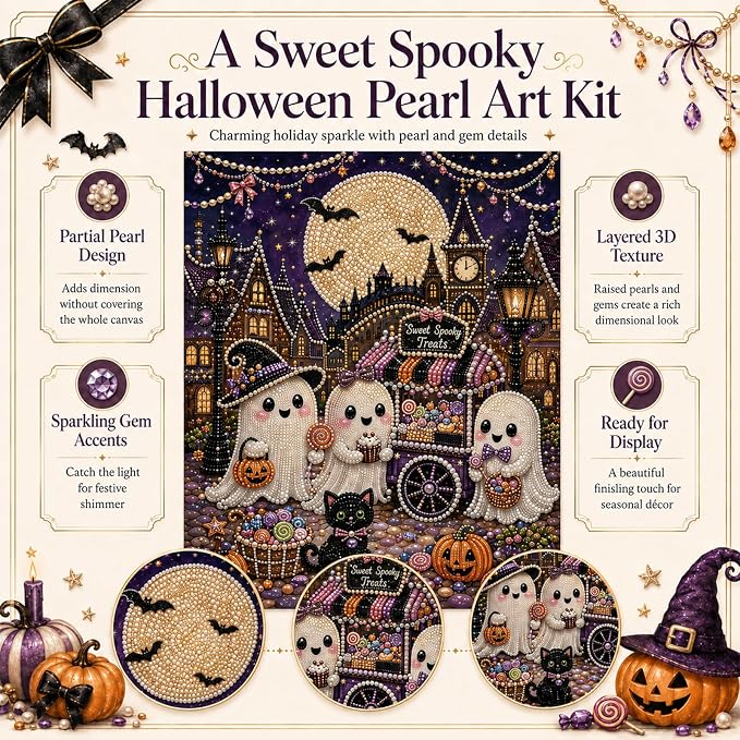 DIY Christmas Pearl Diamond Painting Kit, 5D Pearl Art Craft for Adults and Beginners, Christmas Church and Jesus Wall Decor, Holiday Gifts, 12 x 16 Inch (Halloween Design C)