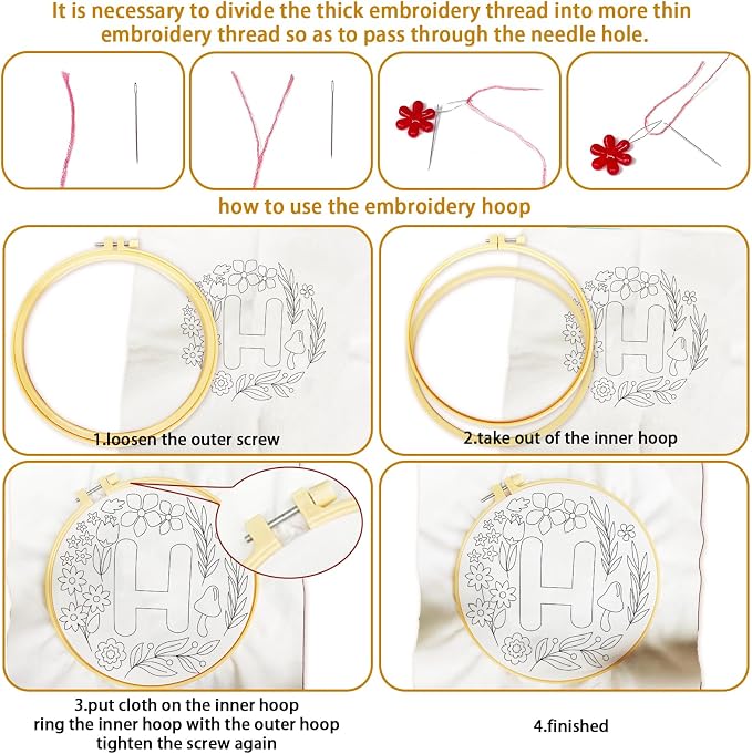 BEUNITONE 4 Set Embroidery Kit for Beginners, DIY Home Theme Pre-Stamped Pattern Needlepoint Kits for Adults with Hoop and Instruction, Funny Hand Embroidery Patterns for Cloth and Home Decor