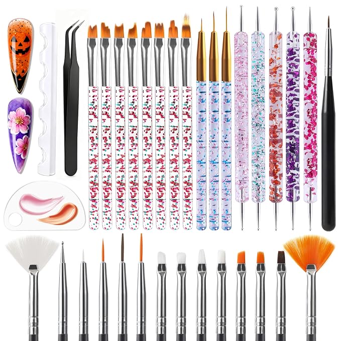 Artdone 34pcs Nail Art Brushes, Nail Art Tool Set, Dotting Tools | Dust Striping Brushes for Long Lines, Drawing Pen Kit For Gel Polish Design Supply