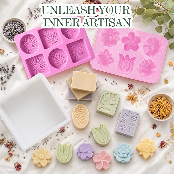 Soap Making Kit for Adults & Beginners Complete Soap Making Supplies | 3.3lb Glycerin Soap Base, 3 Dyes & Essential Oils, 3 Silicone Molds, Soap Cutter & Gift Packaging, Handmade Soap Crafts Kits