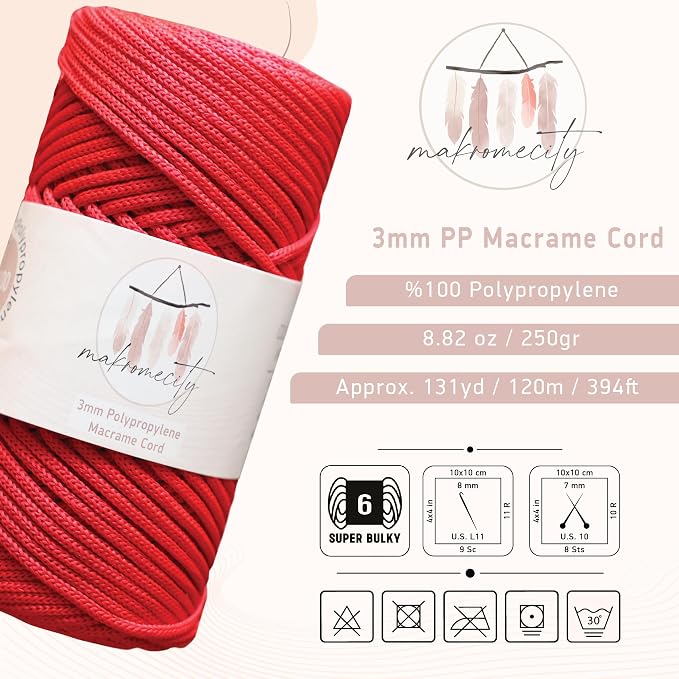Makromecity, Premium Polyester Macrame Cord 3mm x 131 Yards (394 feet) 3mm Polypropylene Red Macrame Cord Crochet Macrame Bag Cord Crafts for Wall Hangings, Bags, Underplate, Rug