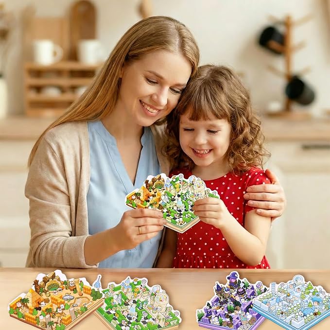Girls 3D Miniature Scene Stickers,4 Sets Fantasy Maze DIY House Stickers for Alice's Garden, Magic Garden, Desert Adventure, Snow Maze, 3D Sticker Scenes for Adult Kids Relief Stress Pass The Time