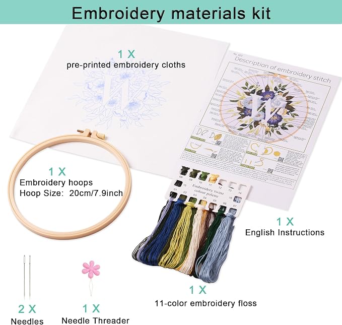 Harimau Letter Pattern W Embroidery Kit for Adult Beginners, Complete Starter Pack with 1 Hoop, Needles, Instruction Guide & Embroidery Stitch Video Tutorials