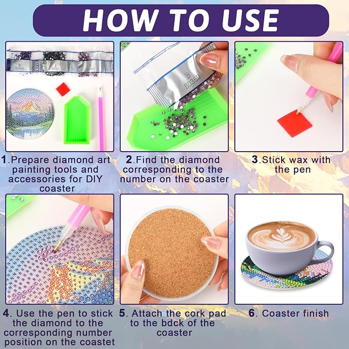 UPINS 8 Pcs Diamond Art Painting Coasters with Holder,Landscape DIY Diamond Art Paintings Coaster Kits Drink Coasters for Birthday Presents Beginners Craft Supplies Adults
