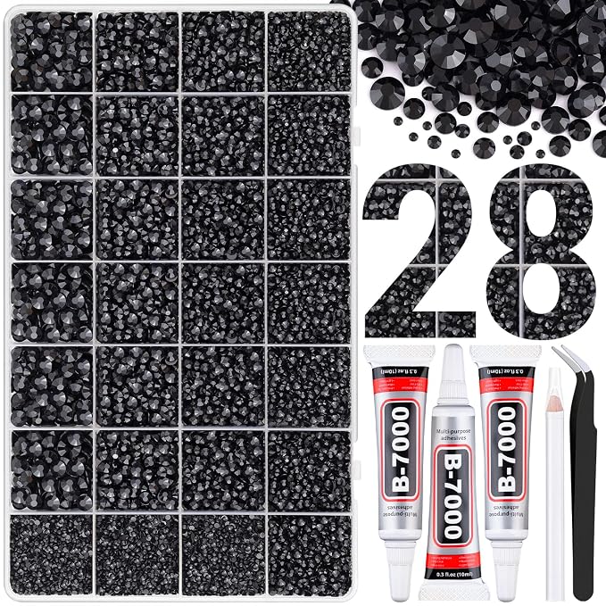 30000Pcs Resin Rhinestones for Bedazzling with Tweezers, Black Rhinestones for Crafting with 3Pcs 10ml B7000 Jewelry Glue for DIY Crafts Clothing Tumblers Shoes Fabric Nail Art