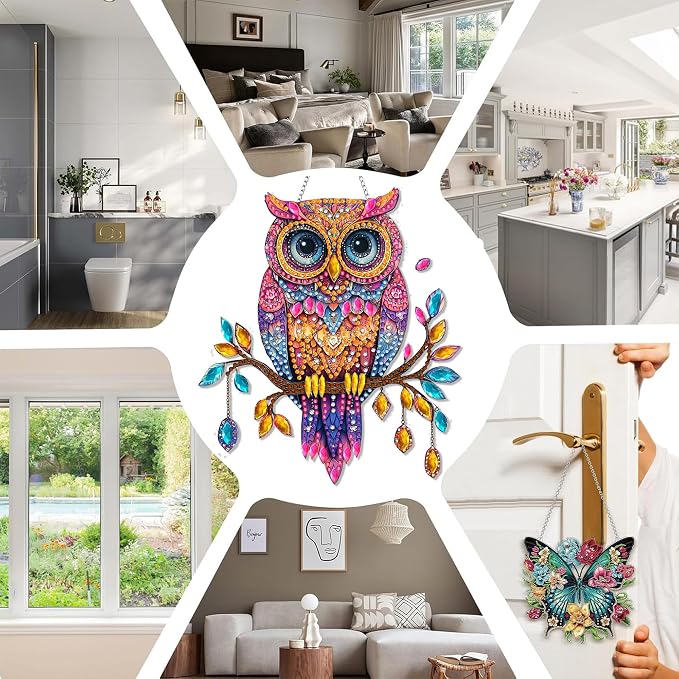 SKRYUIE Owl Hanging Pearl Diamond Art Kits for Adults Suncatcher A12 | Special Shaped Crystal DIY Hanging Diamond Painting Kit, Gift for Mother Spring Summer Window Wreath Decor 7.49 x 6.7 Inch