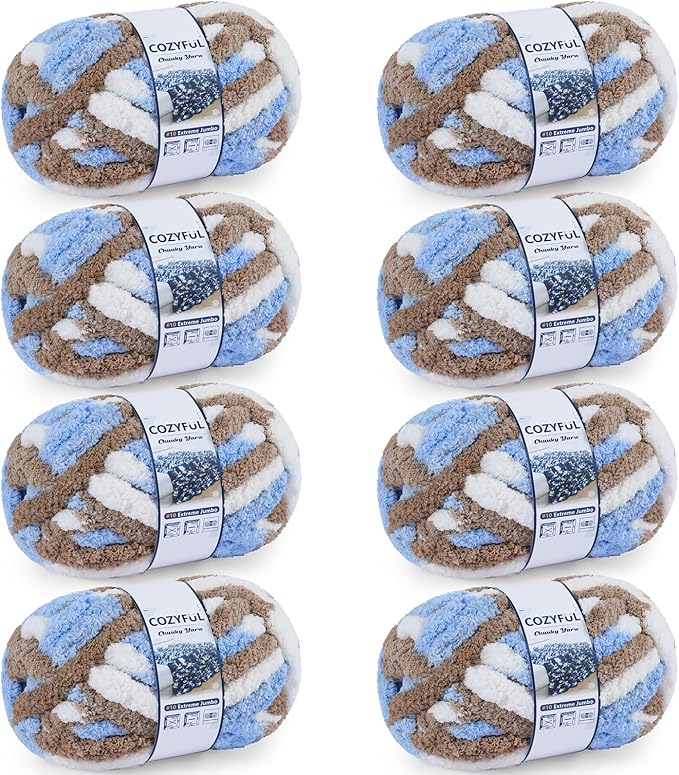 Cozyful Chunky Yarn for Hand Knitting - #10 Chunky Chenille Blanket Yarn, Jumbo Big Thick Chunky Yarns for Crocheting, Tie Dye Bulky Knit Yarns, 8 Skein (20 yds 8 oz Each Skein), Khaki & Blue & White