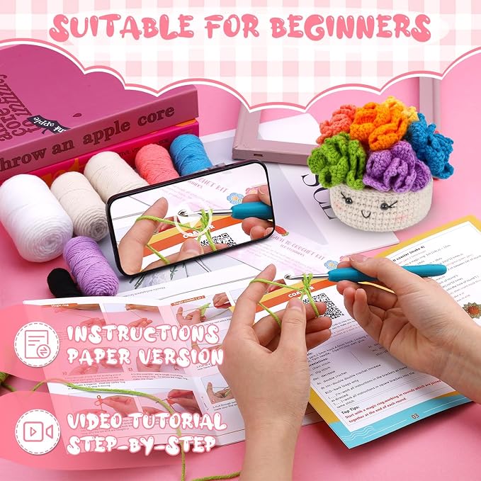 Hssugi Crochet Kit for Beginners 6PCS Potted Plant Coasters Crochet Kit | Crochet Starter Kit with Step-by-Step Video Tutorials, Crochet Hooks, Learn to Crochet Kits for Adult Beginners