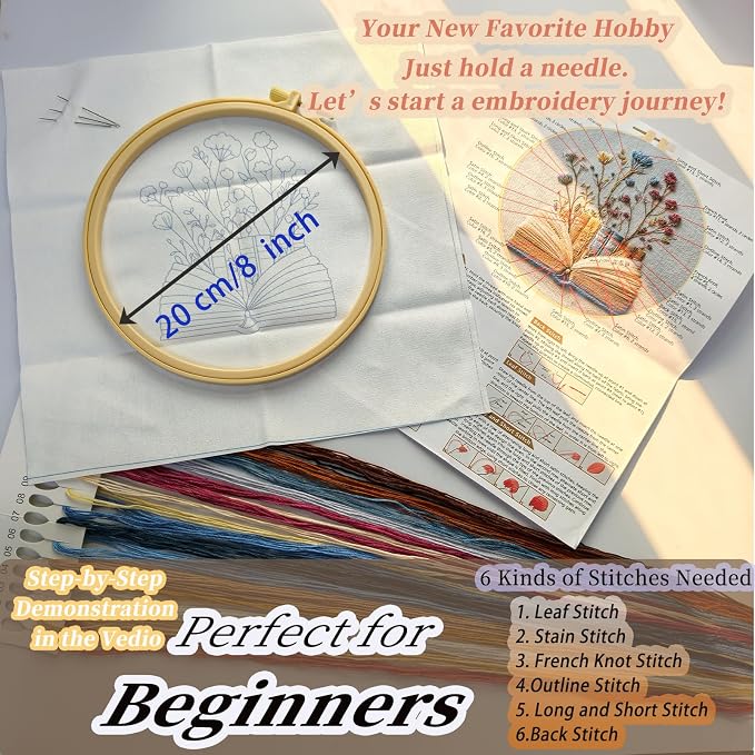 FONNUY Embroidery Kit for Beginners, Flower Book Pre-Stamped Pattern Kits for Adults with Hoop, Cross Stitch Easy to Follow Color Thread Needlework, 8'' Hoop (Blue)