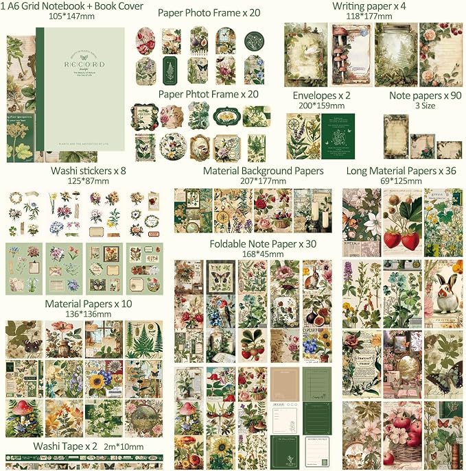 Scrapbooking Supplies Kit, Vintage Botanical Aesthetic Scrapbook Kit for Bullet Junk Journal, Stationery, A6 Grid Notebook, Flower DIY Journaling Supplies, Birthday Craft Gift for Women Craft Lover