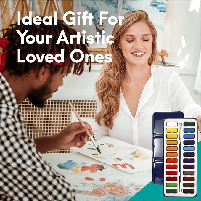 MozArt Supplies Watercolor Paint Essentials Set - Lightweight and Portable Metal Box - Lid Has 3 Partitions for Color Mixing - Easy-to-Blend Non-Toxic Formulation - 24 Vibrant Colors with Paintbrush | Non-Toxic Blendable Watercolor Kit – 3-Partition Mi...