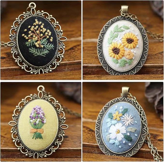 ZOCONE 4 Packs Embroidery Necklace Kits, Embroidery Pendant Kit Mini Cross Stitch Kit with Hoop, Necklace, Pendant, Stamped Pattern Cloth, Instructions, etc., Embroidery Kits for Adults