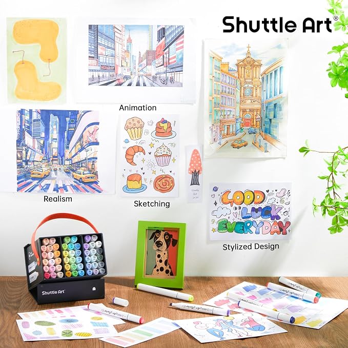 Shuttle Art Pastel Alcohol Markers Brush tip, Dual Tip Brush & Fine Tip Art Marker Set, 50 Colors plus 1 Blender Marker Pens with Case Perfect for Illustration Kids Students Adults Coloring Sketching
