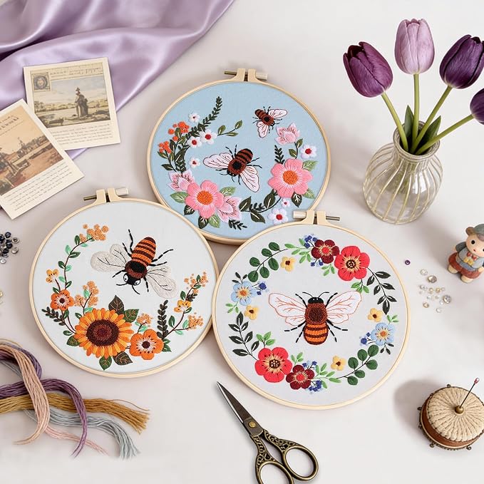 Uniartfy 3 Pack Bee Flower Embroidery Kits for Beginners, Cross Stitch Kit for Adults, DIY Needlepoint with Embroidery Hoop, Tools, Easy to Learn Video & Instructions, Hand Embroidery Starter Kit