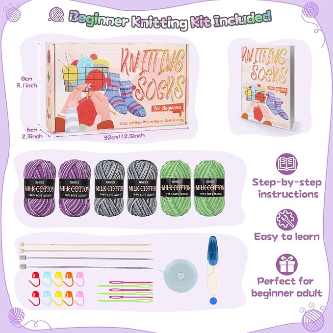 Katech Knitting Kit for Beginner Adults W/Socks Step-by-Step Instruction | Knitting Kit clue 6 Socks Yarn and Knitting Needles, Knitting Starter Kit for Learn-to-Knit Kits for Beginner-Gray