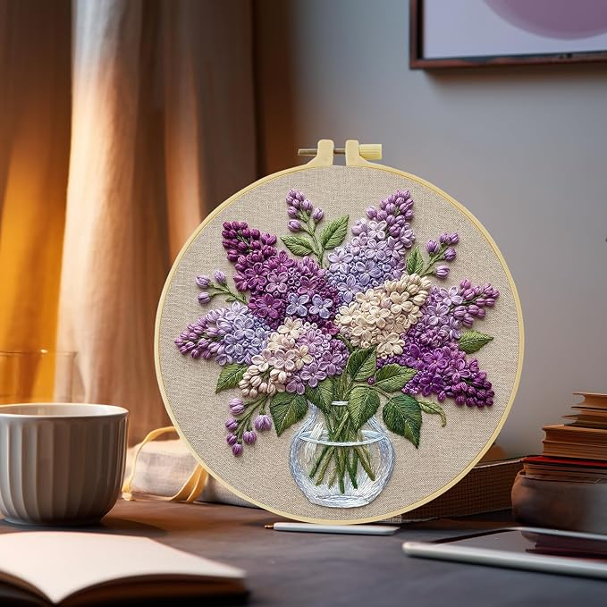 Full Range Embroidery Kit for Adult, Green Plant Pattern Embroidery Kit for Beginners Include Embroidery Cloth Hoops Threads for Craft Lover Hand Stitch with Embroidery Skill Techniques (clear glass)