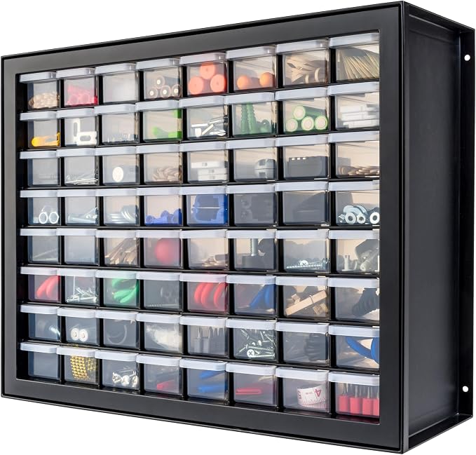 IRIS USA 64-Drawer Screw Organizer, Hardware Storage, Made in USA, Black | Wall mountable, Stackable, Building Bricks, Garage Tool Storage, Art & Craft Supplies, Beads, Gem Stones