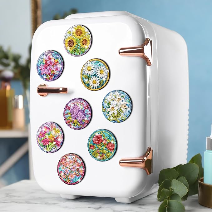 Zonon 12 Pcs Diamond Art Magnets for Refrigerator, Floral Diamond Painting | Pre-made Flower Designs for Fridge Decor, Colorful Floral Craft Kits for Adults, Strong Magnetic Stickers for Home