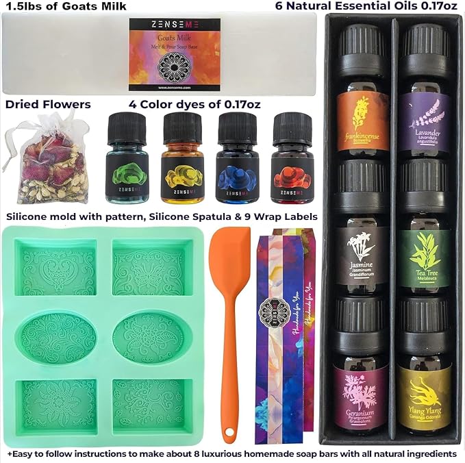 Soap Making Kit for Adults, Make Your Own Soap with Melt & Pour - DIY | Gentle soap supplies 6 Essential Oils Silicone Soap Mold Spoon Dried Flowers 1.5lbs Goats Milk Soap Base, 4 Dyes, Labels