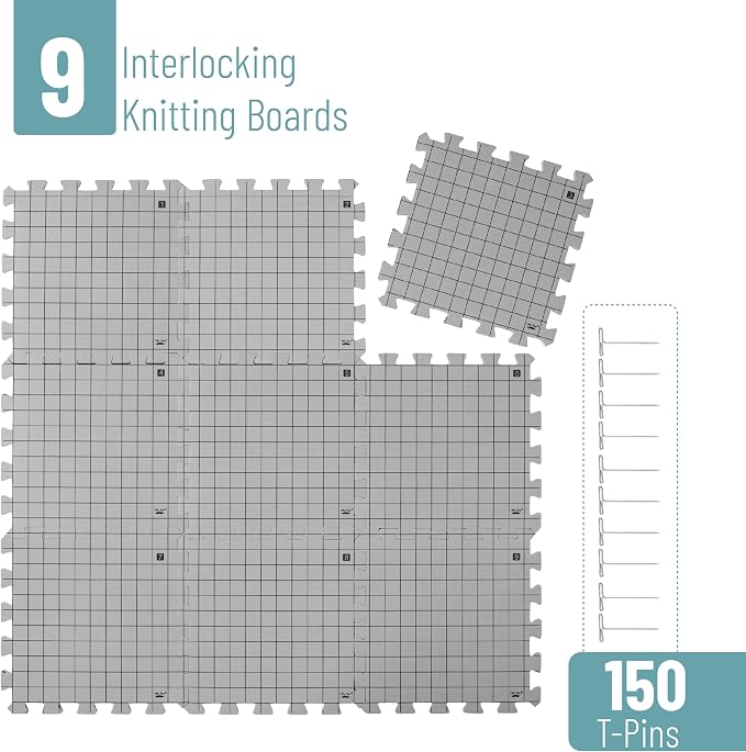 Mr. Pen- Blocking Mats for Knitting & Crochet Projects, 12" x 12" | 9 Pack with 150 pcs T-Pins, Gray Aligned Grid Knitting Blocking Mats and Pins, Water & Heat Resistant