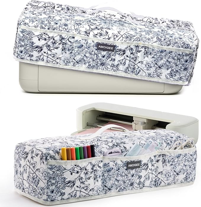 AMOIGEE Dust Cover for Latest Cutting Machine Cricuttt Explore 5, Quilted Protective Cover with Storage Pockets for Cutting Machine, Floral Fabric Anti-Dust Cover for Craft Machine Organizer