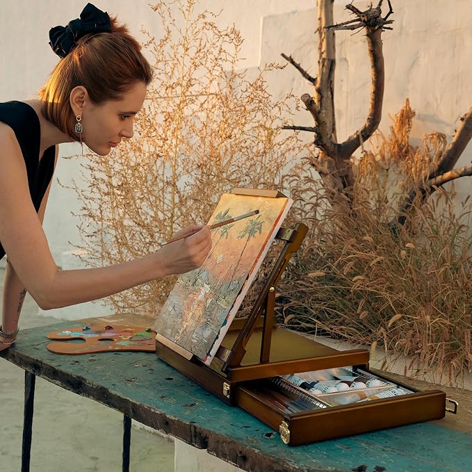 MEEDEN Portable Tabletop Easel for Painting: Artist Sketchbox | Beech Wood - Built-in Art Supply Storage Drawer - Fits 34" Canvas Panels - Adjustable Foldable Plein Air Desktop for Painters